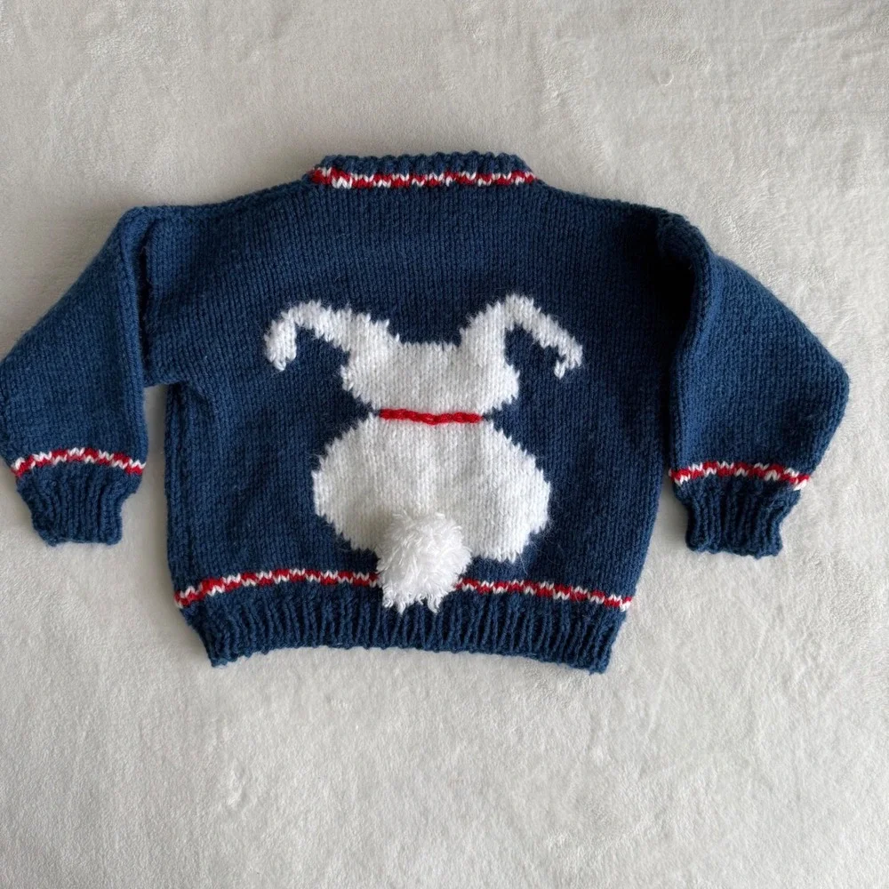 Handmadew‎ Novel Easter Bunny Baby Sweater Rolled Neck Blue White Cotton Blend - Picture 8 of 14